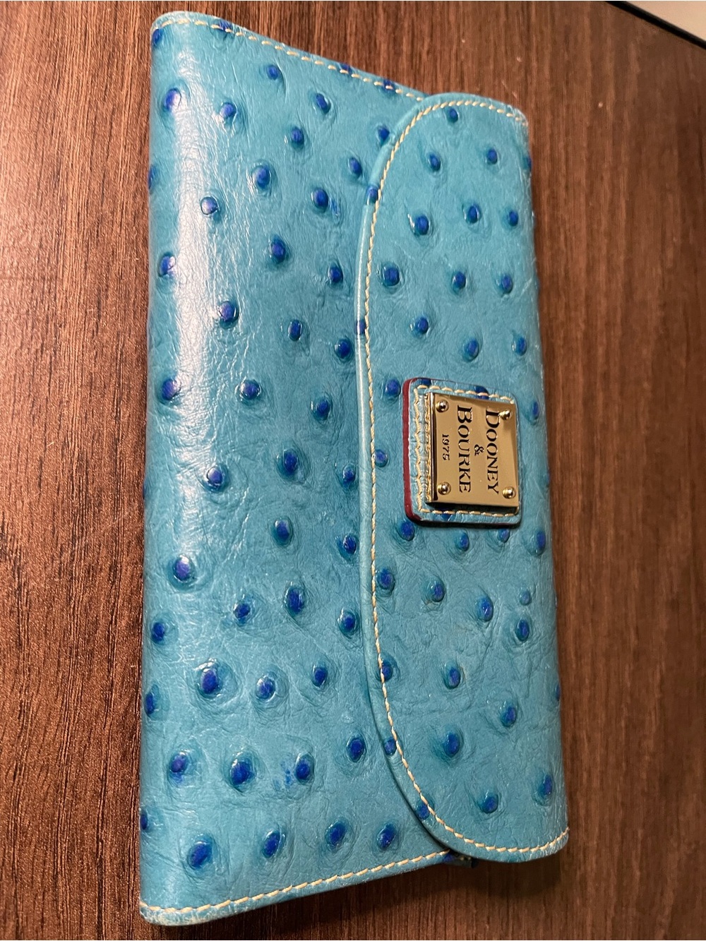 Dooney & Bourke Turquoise Blue Ostrich-Embossed Wallet with Gold Plate